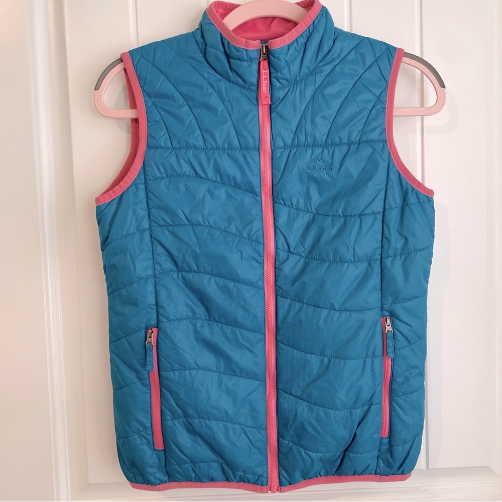 L.L. Bean Girl’s Blue and Pink Pocketed Zip Up Puffer Vest Sz 14-16 EUC
